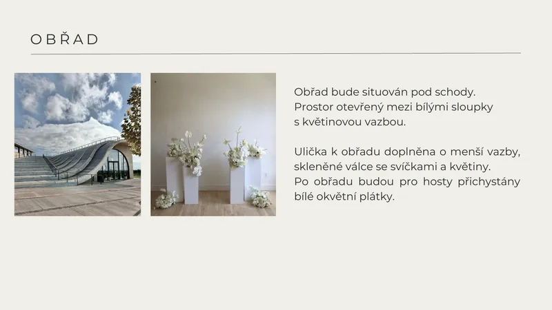 Návrh výzdoby – obřad pod schody vinařství s bílými sloupky
