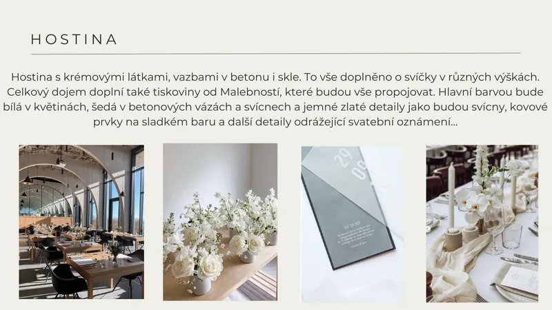 Návrh výzdoby – hostina s bílými květinami v betonových vázách